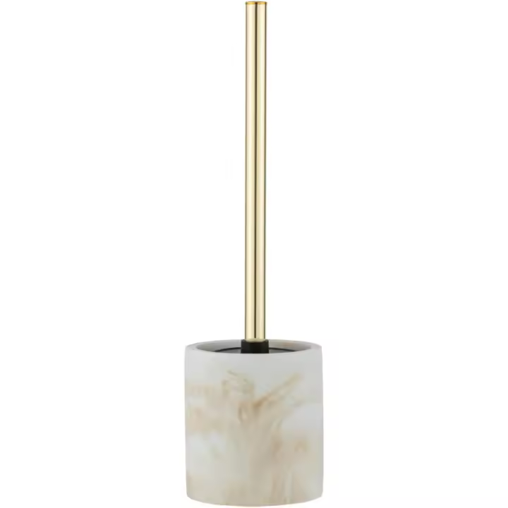 WENKO Juego para el WC «Odos», portaescobillas de calidad hecho de poliresina resistente con apariencia de mármol, incluye escobilla para el WC, Ø 7,5 x 37 cm, en color blanco/dorado - 1