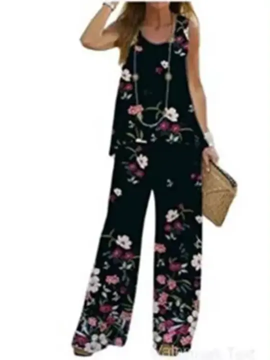 Conjunto de 2 piezas para mujer, tops y pantalones estampados, chaleco elegante, pantalones de verano - 1