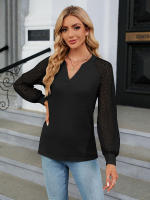 Camiseta holgada de manga larga para mujer, blusa informal de Color liso con costura de encaje y cuello en V, moda de primavera y otoño, 2023 - details 3