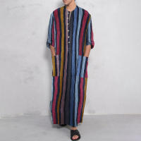 Ropa Árabe Para Hombres Kaftán Islámico De Algodón Con Rayas Traje Dubai Abaya Retro De Verano Y Otoño Estilo Casual - details 2