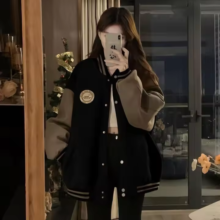 Chaqueta de felpa gruesa de béisbol informal para mujer, holgada, estilo retro, otoño e invierno - 1