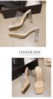 Transparente hermoso tacones altos zapatillas cristal sandalias de tacón grueso francés semi-drag temperamento socialite sandalias - details 12