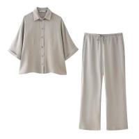 - Conjunto de dos piezas para mujer, tres piezas informales de color caqui sólido, camisa holgada, pantalones de pierna recta de sarga - details 1