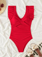 Bañador de una pieza para mujer, traje de baño con volantes y cuello en V, Monokini Sexy, ropa de playa sin espalda para verano - details 12