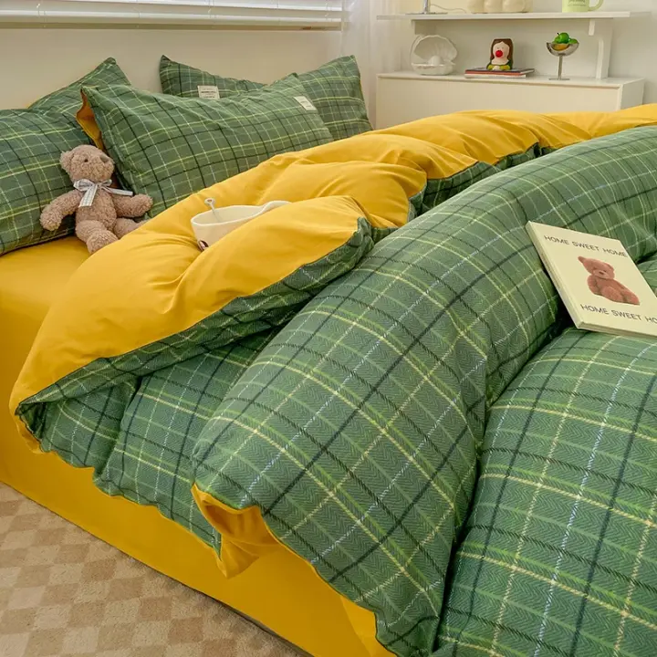 Juego de Ropa de Cama de Algodón Lavable Patrón a Cuadros Nórdico Cubierta de Edredón - 1