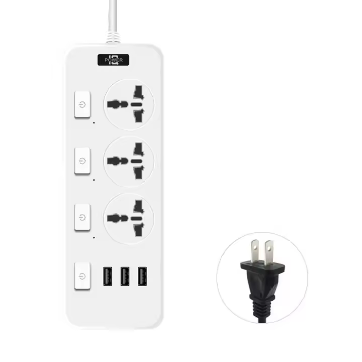 Enchufe eléctrico Universal, enchufe estadounidense, Reino Unido, UE, 3 puertos USB, regletas de alimentación, protección contra sobrecarga, cable extensor de salida plana de 2500W para habitación - 1