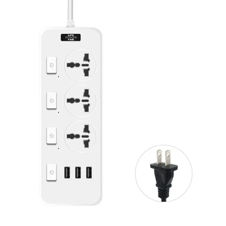 Enchufe eléctrico Universal, enchufe estadounidense, Reino Unido, UE, 3 puertos USB, regletas de alimentación, protección contra sobrecarga, cable extensor de salida plana de 2500W para habitación - 1