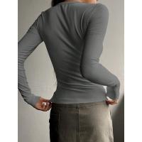 Camisetas de manga larga para mujer, Tops de punto informales, ropa de calle de moda Y2K, camiseta de Color sólido con botones, Tops acanalados - details 10