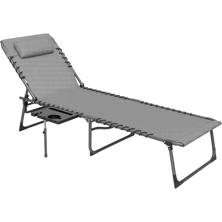 Exterior con respaldo ajustable, reposacabezas, bolsillo lateral, bandeja y estructura de acero, carga 120 kg para terraza, piscina, playa, 190x60x31 cm, color crema. - 1