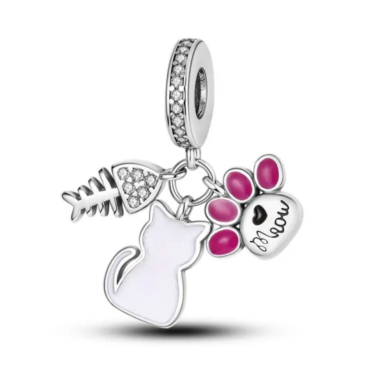 Pulsera de plata de ley 925 para mujer, abalorio de 3 piezas con diseño de gato, regalo nuevo, 2024 - 1