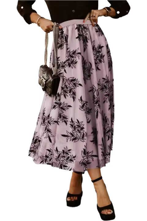 Elrachen Falda larga de cintura alta con bordado floral para mujer, flor de melocotón, tallas S-XL - 1