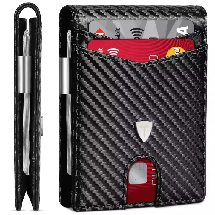 Cartera para Hombre Slim Fibra de Carbono con Bloqueo RFID, Tarjetero Hombre Ranuras para Tarjetas de Crédito, Clip para Billetes, Cartera Hombre Minimalista Bi-Fold con Caja de Regalo - 1