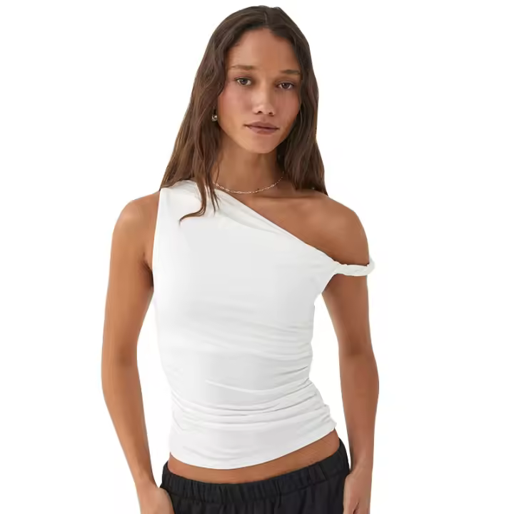 Camiseta de Verano Casual Sin Mangas, Color Sólido, Perfil Rebanado en el Hombro de Mujer - 1