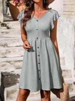 Nuevo vestido de manga corta elástico con cintura con botones y cuello en V para mujer - details 7
