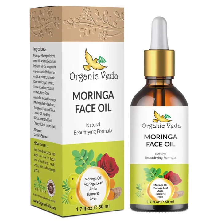 Gotero facial Veda orgánico, aceite de semilla de Moringa 100% natural con extracto de rosa de cúrcuma para una piel suave y radiante, antienvejecimiento, Reduce - 1