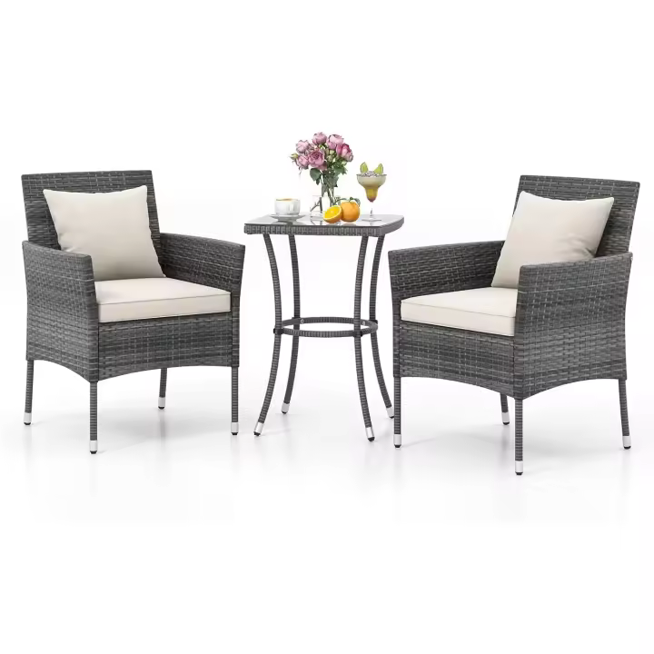 Juego de Muebles de Jardín 3 Piezas, 2 Sillones con Cojines y 1 Mesa con Tablero de Cristal, Conjunto de Muebles de Ratán para 2 Personas, Juego de Bistró para Balcón, Patio (Beige) - 1