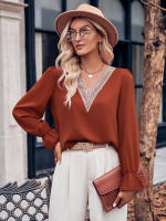 Blusa de retazos de encaje hueco para mujer, elegante camisa de manga larga para oficina, Tops elegantes sólidos sueltos, ropa de moda de otoño - details 14