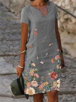 Vestido Midi de Verano Vintage con Estampado Vestido Corto de Algodón con Cuello en V para Mujeres - details 3