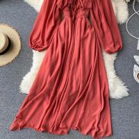 Nuevo modelo de vestido maxi elegante con cuello cuadrado para mujer, gasa lisa con mangas abullonadas, bata de fiesta en la playa, vestidos con volantes vintage - details 4