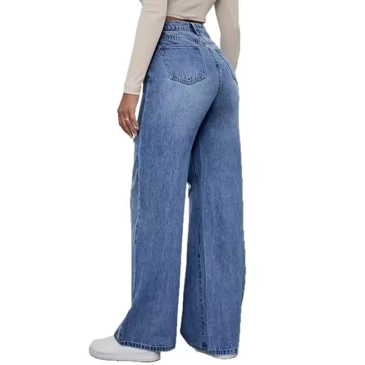 Pantalones rectos de pierna ancha, superventas, hasta la cintura, hasta el suelo, vaqueros rasgados para mujer, azul claro - 1