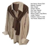 Camisa de mujer de dos piezas falsa estilo Maillard de otoño, chal tejido marrón, camisa con Raya Vertical en la espalda, blusa, camisa de mujer de estilo francés - details 13