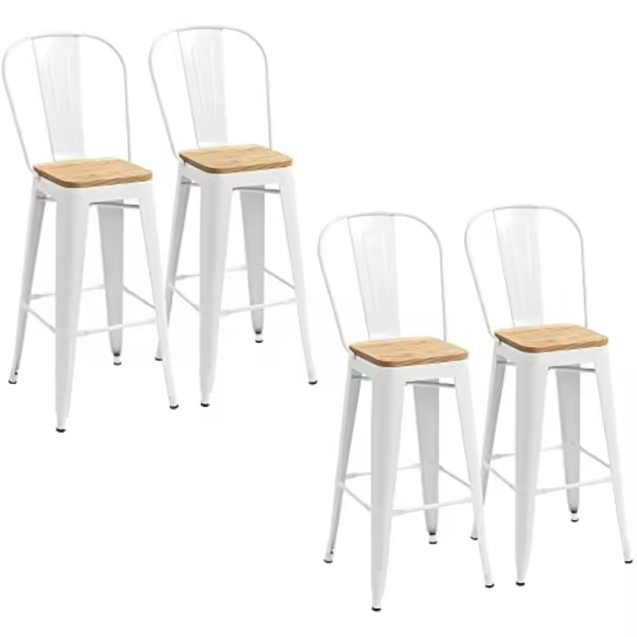Taburetes de bar altos con respaldo, sillas de bar con reposapiés, asiento de madera y marco de acero - 1