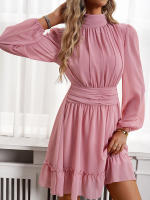 Vestido corto rosa de cintura alta con volantes para mujer, minivestido informal con manga abullonada, cintura anudada, 2024 - details 1