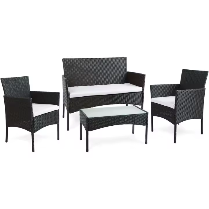 Conjunto de Jardín de Resina Tejido en Gris 4 Piezas: Sofá, Sillones, Mesa de Centro - 1