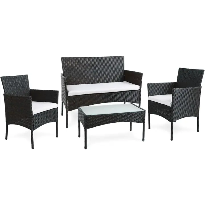Conjunto de Jardín de Resina Tejido en Gris 4 Piezas: Sofá, Sillones, Mesa de Centro - 1