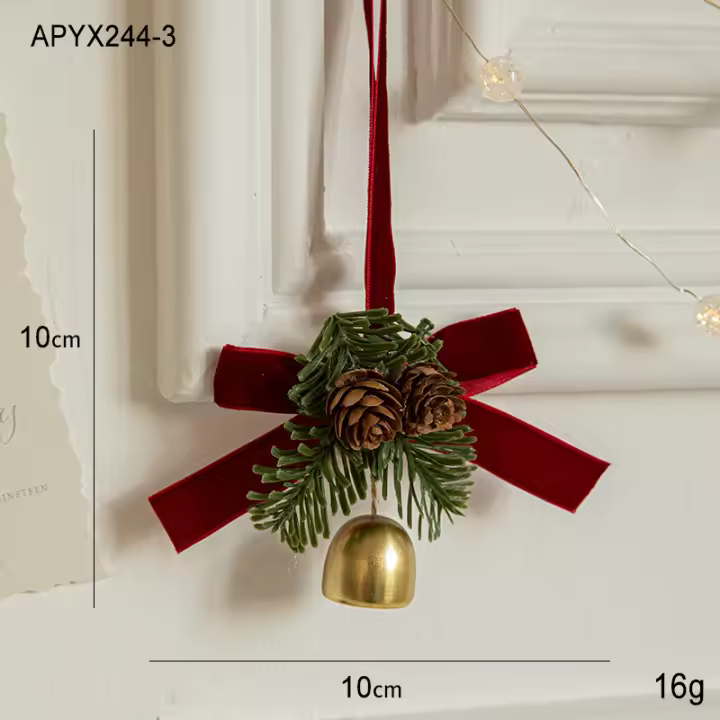 Colgantes de decoración navideña, lazos de terciopelo de campana pequeña, suministros de decoración de escena de cono de pino de árbol de Navidad - 1