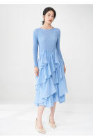 Vestido de primavera Miyake para mujer, aspecto sofisticado, cintura delgada, con bordes con volantes y mangas largas con elegancia. - details 8