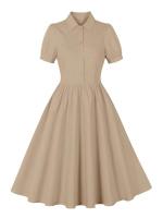 2025 nuevo Retro Turn Down Collar abotonada plisado sólido vestido de camisa de algodón de manga corta mujeres lisos Vintage vestidos hasta la rodilla - details 27