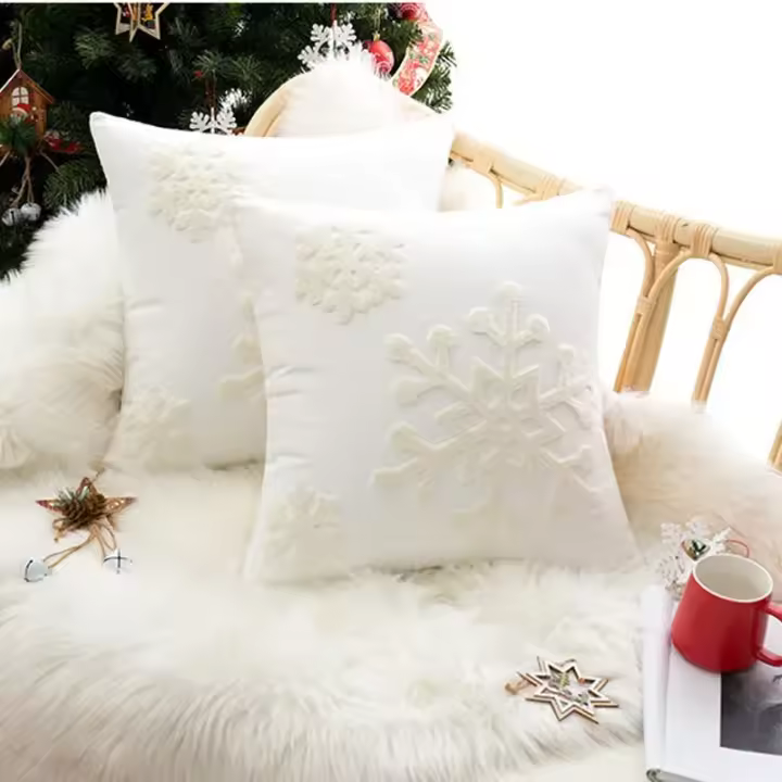 Funda de Almohada de Copo de Nieve Navideño Grande 45x45cm Diseño de Bordado de Lana - 1