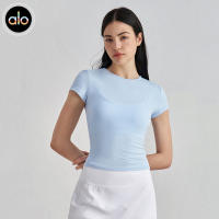 Alo yoga manga corta sensación desnuda casual deporte manga corta cierre cintura slim transpirable yoga camiseta top de entrenamiento - details 3