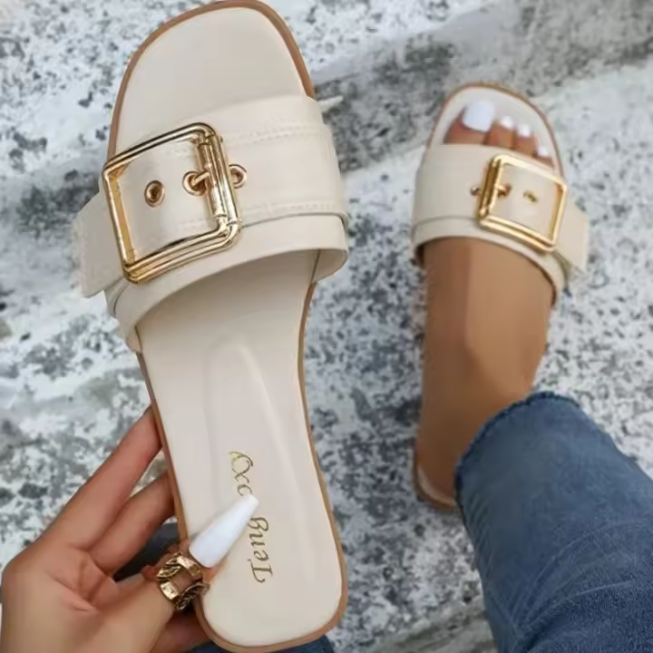 Nuevas zapatillas planas blancas de oficina resistentes al desgaste con punta abierta y hebilla con personalidad para mujer, sandalias de playa de arena para verano, zapatos de mujer - 1