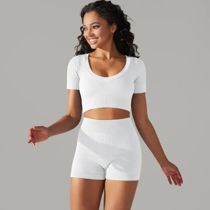 Hamidou-Conjunto de ropa deportiva sin costuras para mujer, Leggings de cintura alta, camisetas de manga corta, pantalones cortos, conjunto de 2 piezas, ropa de gimnasio - 1