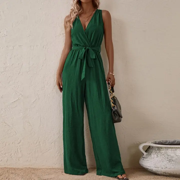 2025 Nuevo Mono Halter Estilo Europeo Y Americano Nueva Llegada Con Cordones De Cintura Alta Mono Sin Mangas Moda Conjunto Casual - 1