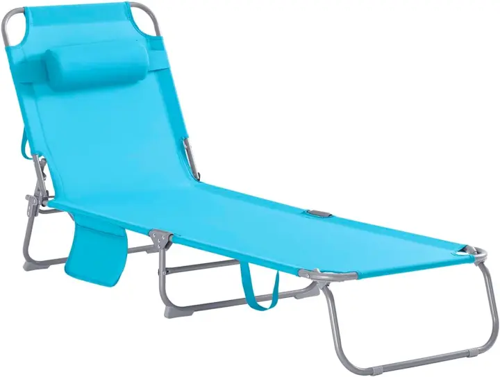 Tumbona Plegable de Jardín, Silla Playa con Almohada y Bolsillo Lateral, Tumbona Reclinable para Patio, Camping, Playa, Rojo, 155x56x81cm, OGS35-R - 1