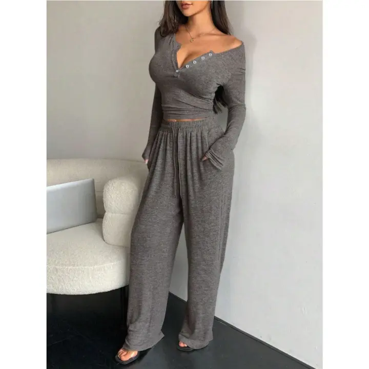 Nuevo Conjunto de Moda de Temporada Corta 2025 Camiseta de Manga Larga, Pantalones de Pierna Ancha, Cuello en V - 1