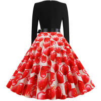 Women plaid print long sleeve vintage a line party dress v neck - details 143