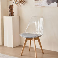 Un juego de 4 sillas de comedor modernas transparentes con patas de madera de haya tapizadas en cuero para sala de estar, cocina, oficina y salón. - details 4