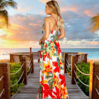 Vestidos largos con cuello en V para mujer, sin mangas, cintura alta, playa, Maxi, estampado rojo S - details 4