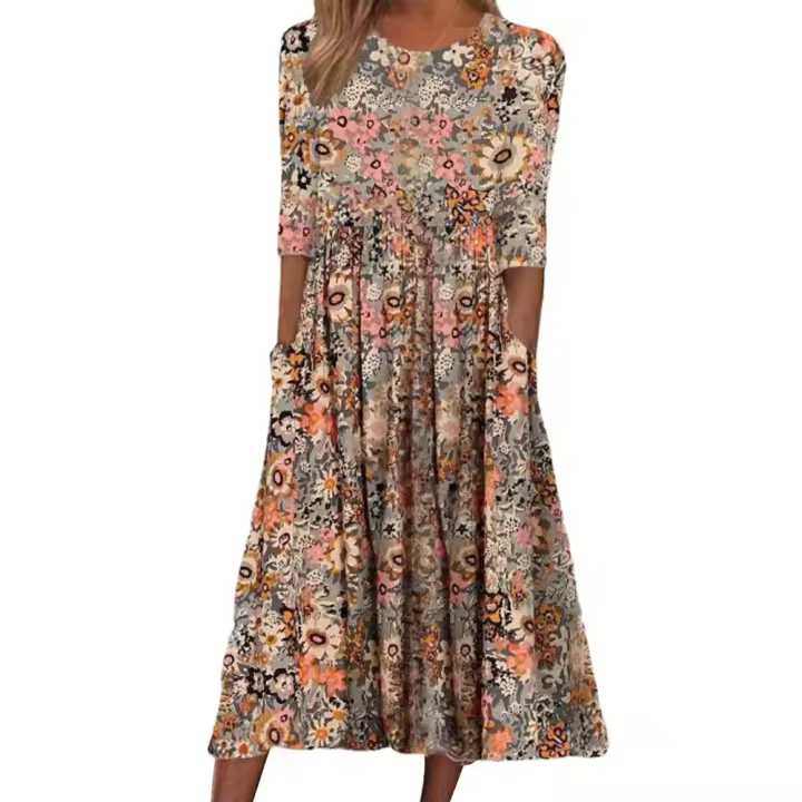 Vestido casual suelto de manga media, cuello redondo, estampado de primavera y otoño. - 1