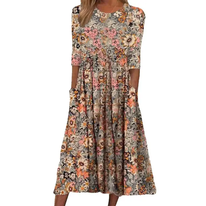 Vestido casual suelto de manga media, cuello redondo, estampado de primavera y otoño. - 1