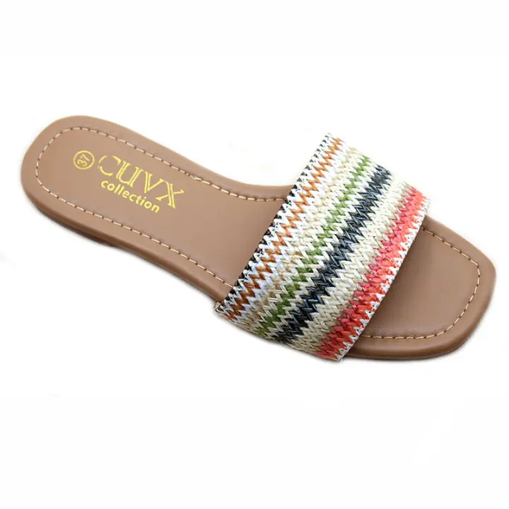 Comercio exterior Fábrica Chaozhou Tejido de fondo plano Moda de alta calidad Punta cuadrada Punta abierta Zapatillas de mujer - 1