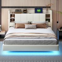 Marca de Cama Almohada 160 x 200 cm con Enchufe USB y Barra de Luz Cabeza Giratoria con Compartimentos de Almacenamiento Marco de Metal Estable Lino Doble Cama en Marrón - details 5