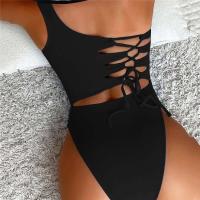 Traje de baño de una rodilla con tiras cruzadas de tres piezas 2025 para mujer con hombro azul sexy, traje de baño - details 3