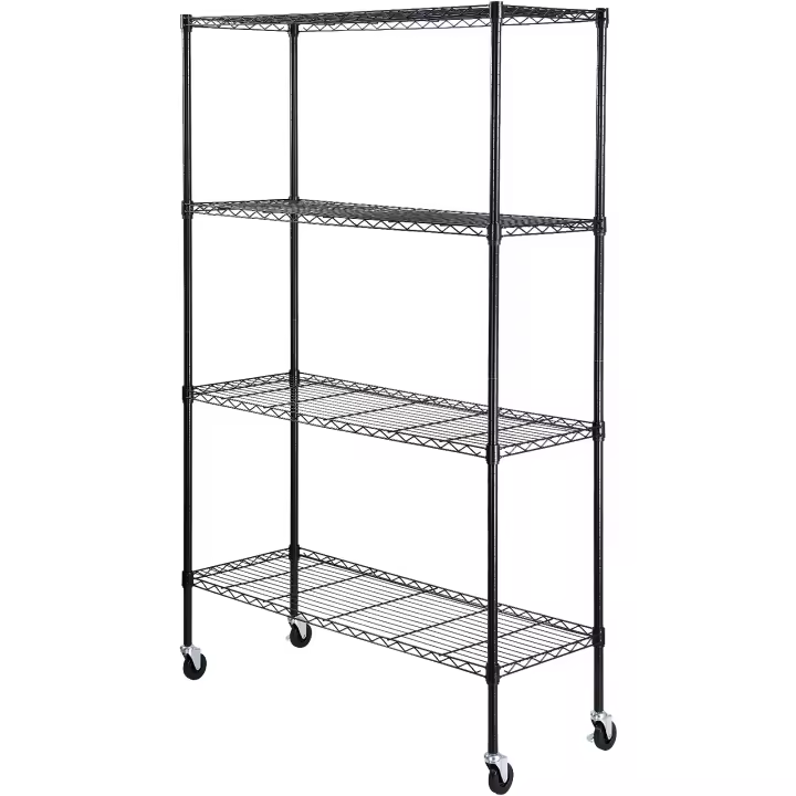 SucceBuy Estante de almacenamiento con ruedas, 4 niveles ajustables, capacidad de 700 libras, estantes de garaje resistentes, organizador de metal, estante de alambre, negro, 47,2 L x 17,7 W x 74 H para cocina, despensa, sótano, baño - 1