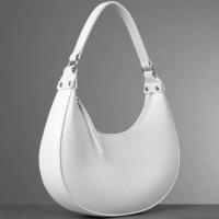 1 bolso de hombro elegante de piel sintética para mujer, bolso semicircular de color sólido con cierre de cremallera, correa ajustable, forro de poliéster, limpieza localizada, negro/blanco - details 1