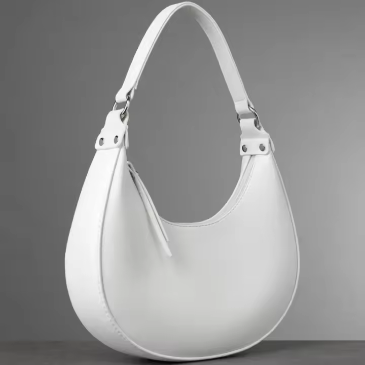 1 bolso de hombro elegante de piel sintética para mujer, bolso semicircular de color sólido con cierre de cremallera, correa ajustable, forro de poliéster, limpieza localizada, negro/blanco - 1